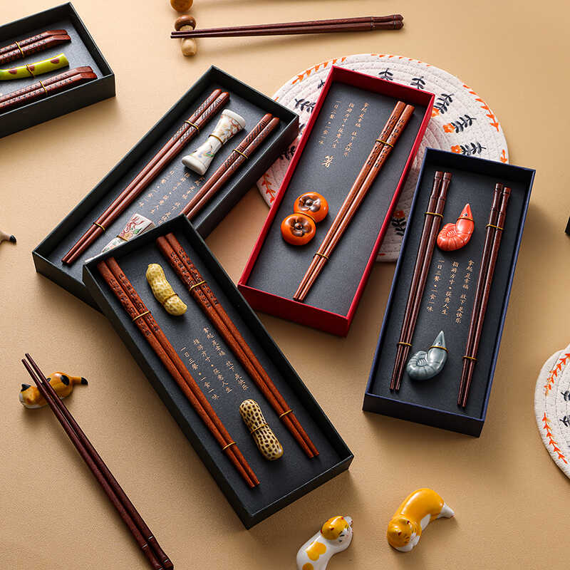 Premium Wooden Chopstick and Chopstick Rest Chinese Style Gift 2 Pairs Sets