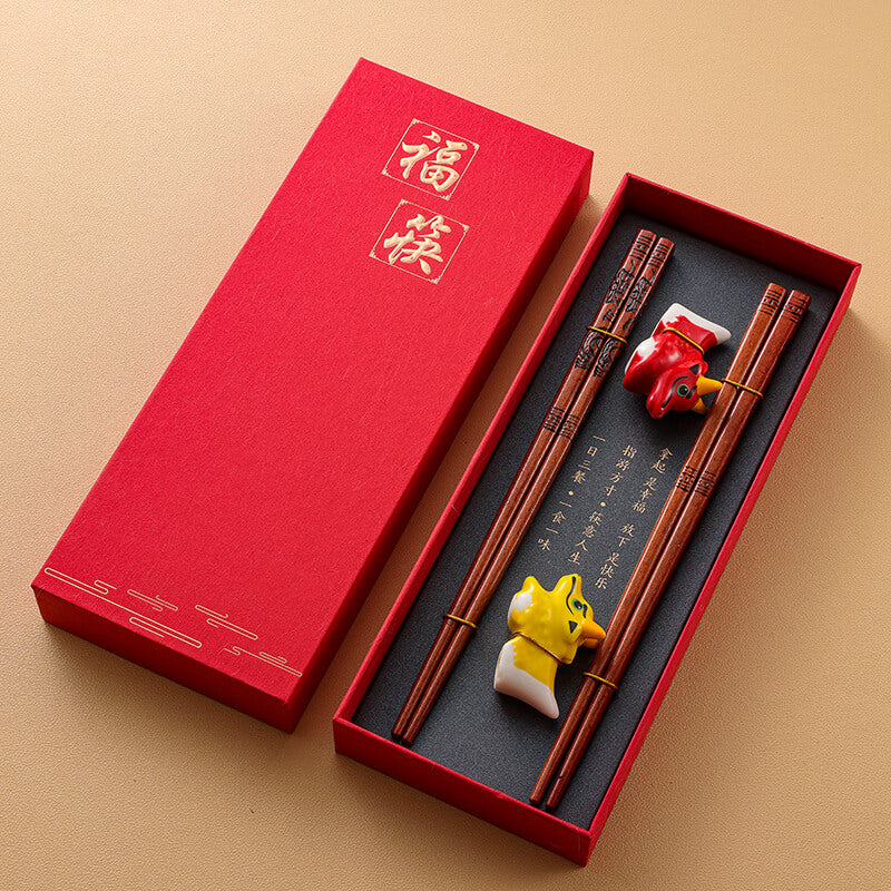 Premium Wooden Chopstick and Chopstick Rest Chinese Style Gift 2 Pairs Sets