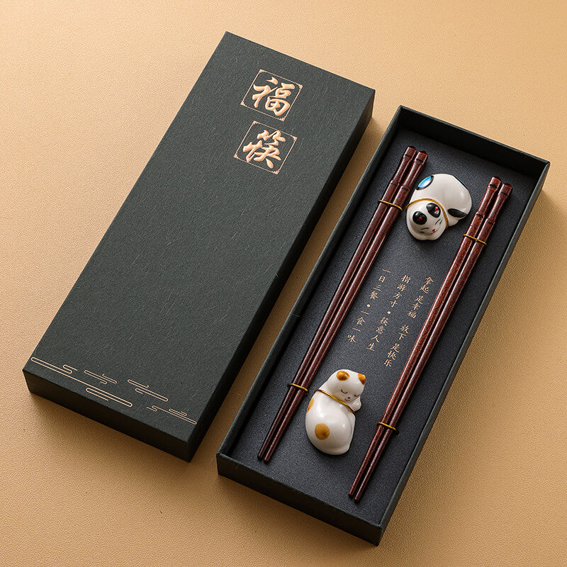 Premium Wooden Chopstick and Chopstick Rest Chinese Style Gift 2 Pairs Sets