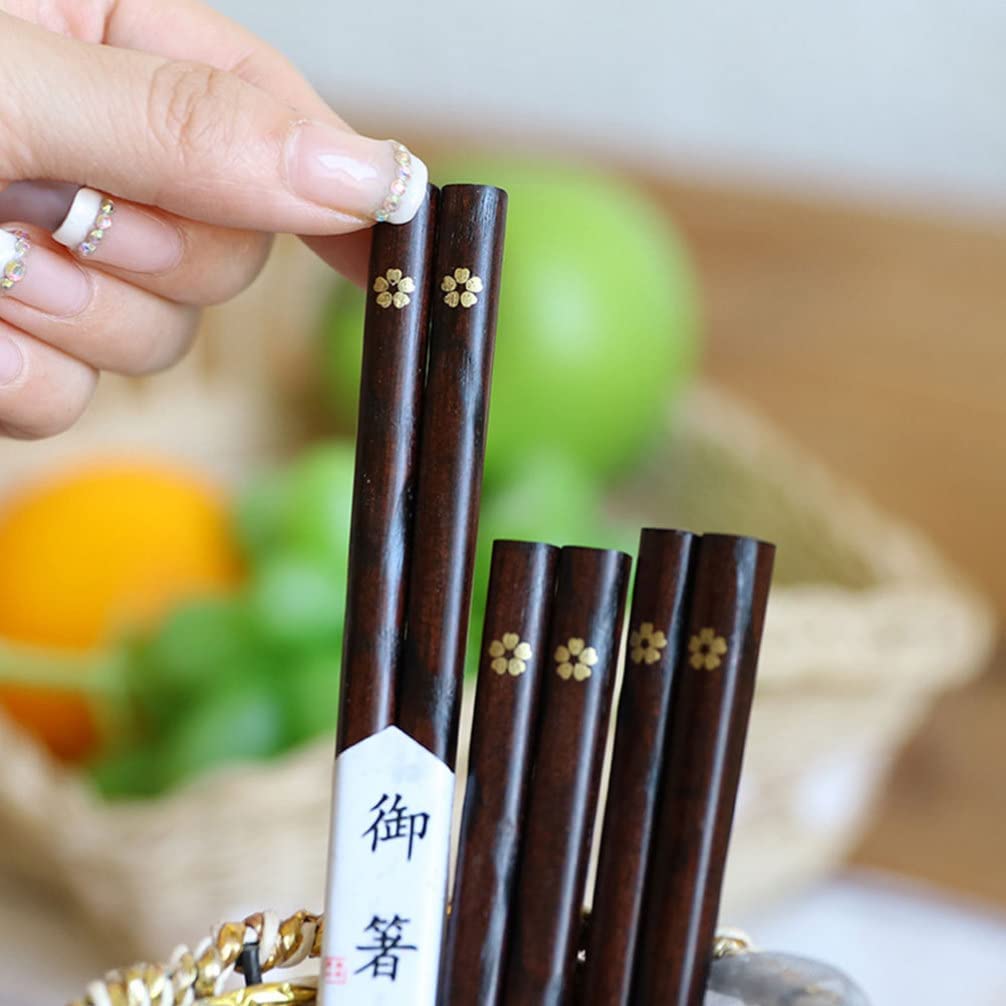 Brown Sakura Wooden Chopsticks Japanese Style Gift 5 Pairs Sets