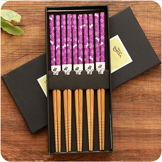 Kawaii Purple Rabbit Reusable Natural Bamboo Chopsticks 5 Pairs Sets