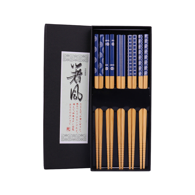 Reusable Natural Bamboo Chopsticks Japanese Style Gift 5 Pairs Sets