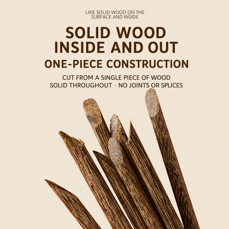 Text-heavy product graphic showing several close-up wood dowel or post ends on a warm beige background, with the headline 'SOLID WOOD INSIDE AND OUT' and supporting copy about one-piece construction and no joints or splices.