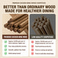 Promotional comparison graphic for premium chicken-wing wood chopsticks. The left side shows several natural wood chopsticks arranged diagonally on a beige background with text describing their quality.
