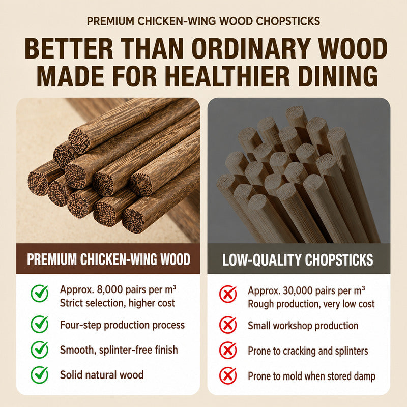 Promotional comparison graphic for premium chicken-wing wood chopsticks. The left side shows several natural wood chopsticks arranged diagonally on a beige background with text describing their quality.