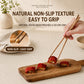 A hand uses wooden chopsticks to pick up a piece of sushi on a wooden serving board. The scene includes promotional text reading 'Natural Non-Slip Texture Easy to Grip' and a circular inset showing the chopsticks gripping a piece of sushi.