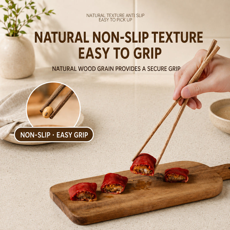 A hand uses wooden chopsticks to pick up a piece of sushi on a wooden serving board. The scene includes promotional text reading 'Natural Non-Slip Texture Easy to Grip' and a circular inset showing the chopsticks gripping a piece of sushi.