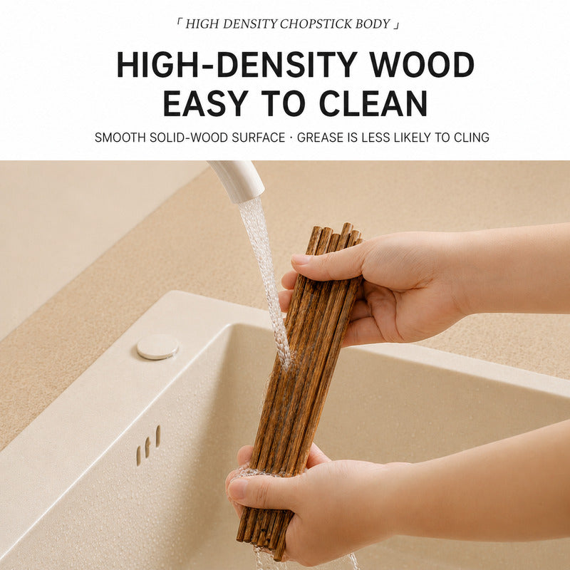 A pair of hands holding a bundle of dark brown wooden chopsticks under running water in a beige sink, with text at the top reading 'HIGH DENSITY WOOD EASY TO CLEAN'.