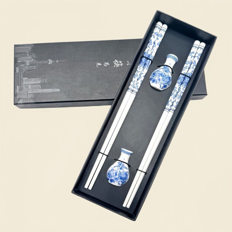 2 Pairs – Blue & White Porcelain with Chopstick Rests