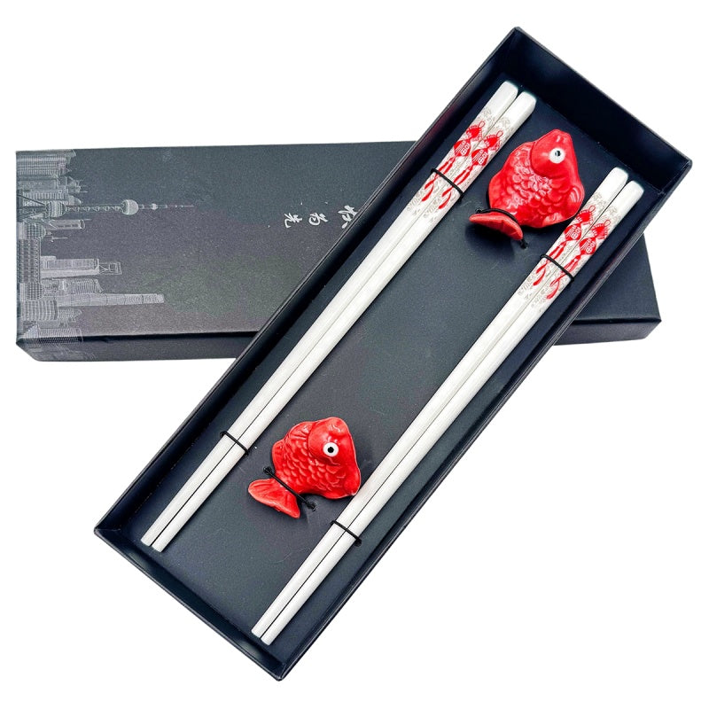 2 Pairs – Chinese Good Fortune with Red Fish Chopstick Rests