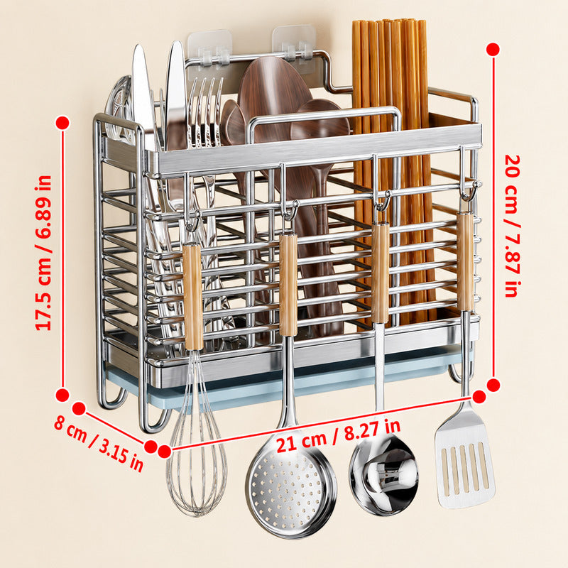 304 Stainless Steel Chopstick and Utensil Holder with Drain Tray and Hooks Size
