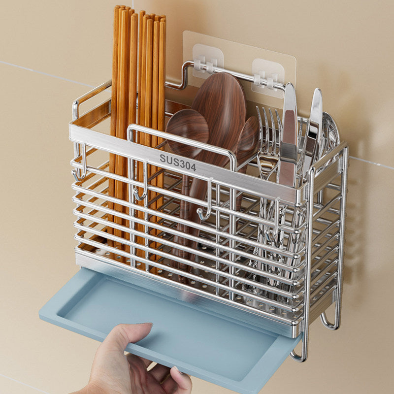 304 Stainless Steel Chopstick and Utensil Holder with Drain Tray and Hooks