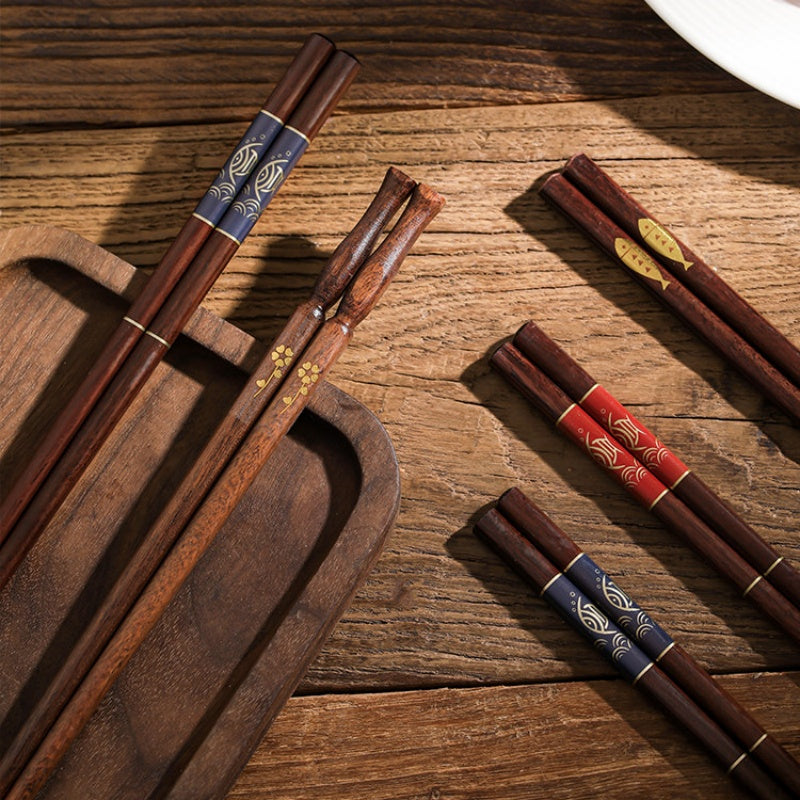 4 Pairs Reusable Wooden Chopsticks Set with Fish & Floral Designs