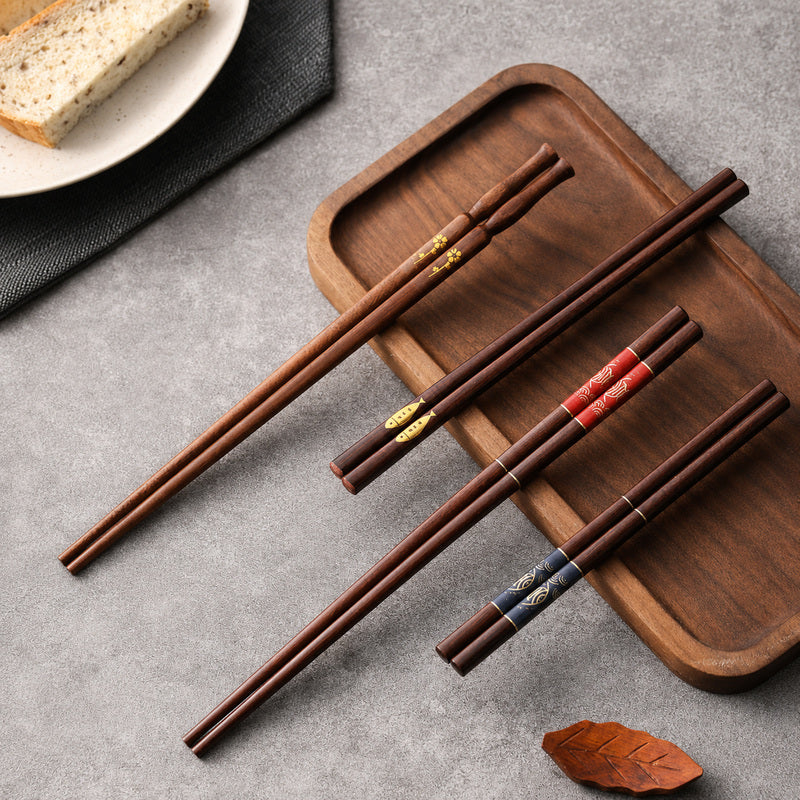 4 Pairs Reusable Wooden Chopsticks Set with Fish & Floral Designs