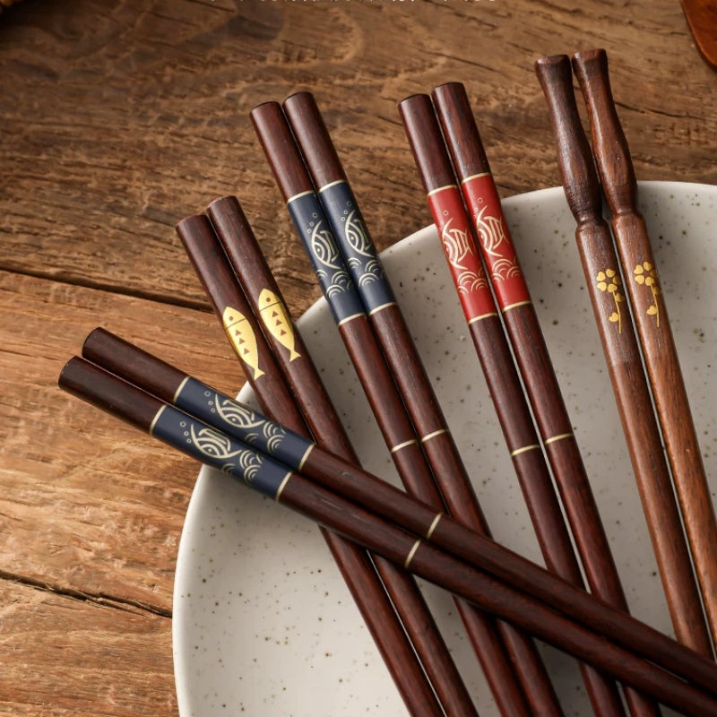 4 Pairs Reusable Wooden Chopsticks Set with Fish & Floral Designs