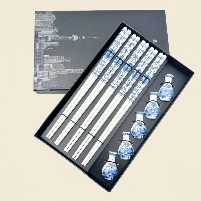 5 Pairs – Blue & White Porcelain with Chopstick Rests