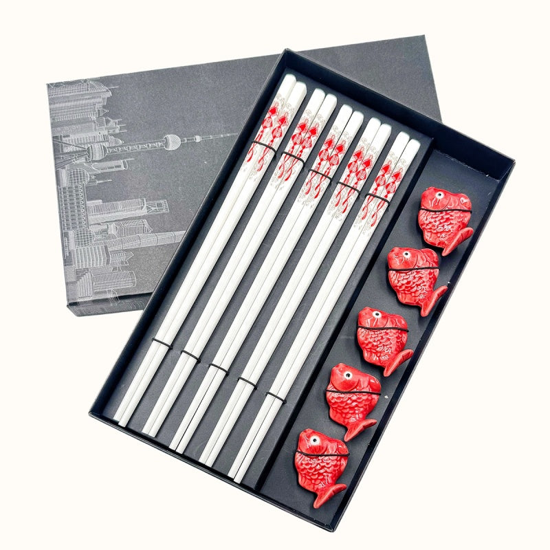 5 Pairs – Chinese Good Fortune with Red Fish Chopstick Rests