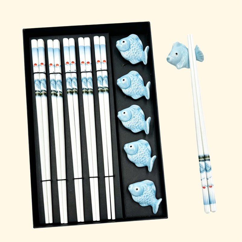 5 Pairs – Chinese Landscape with Fish Rests & Gift Bag