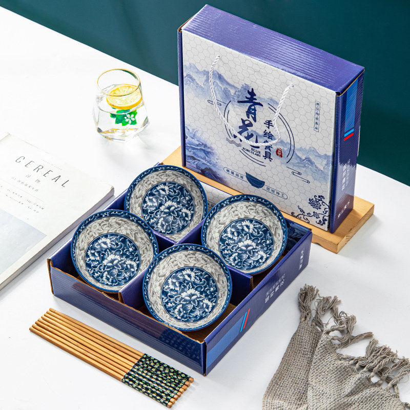 Blue & White Porcelain Bowl and Chopsticks Gift Set