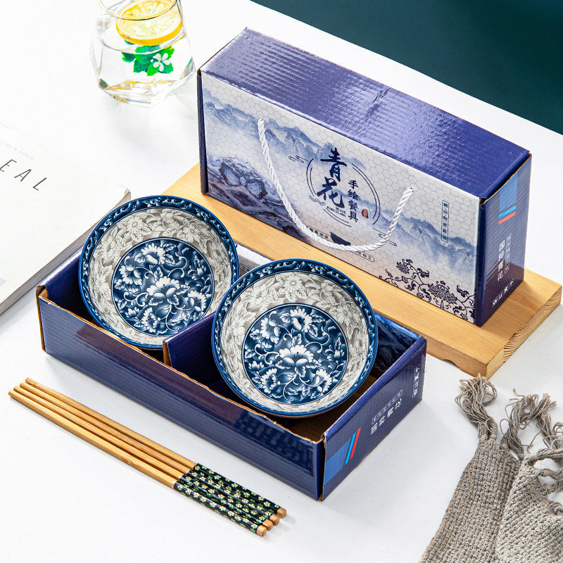 Blue & White Porcelain Bowl and Chopsticks Gift Set