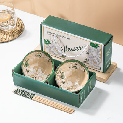 Camellia Ceramic Bowl and Chopsticks Gift Set