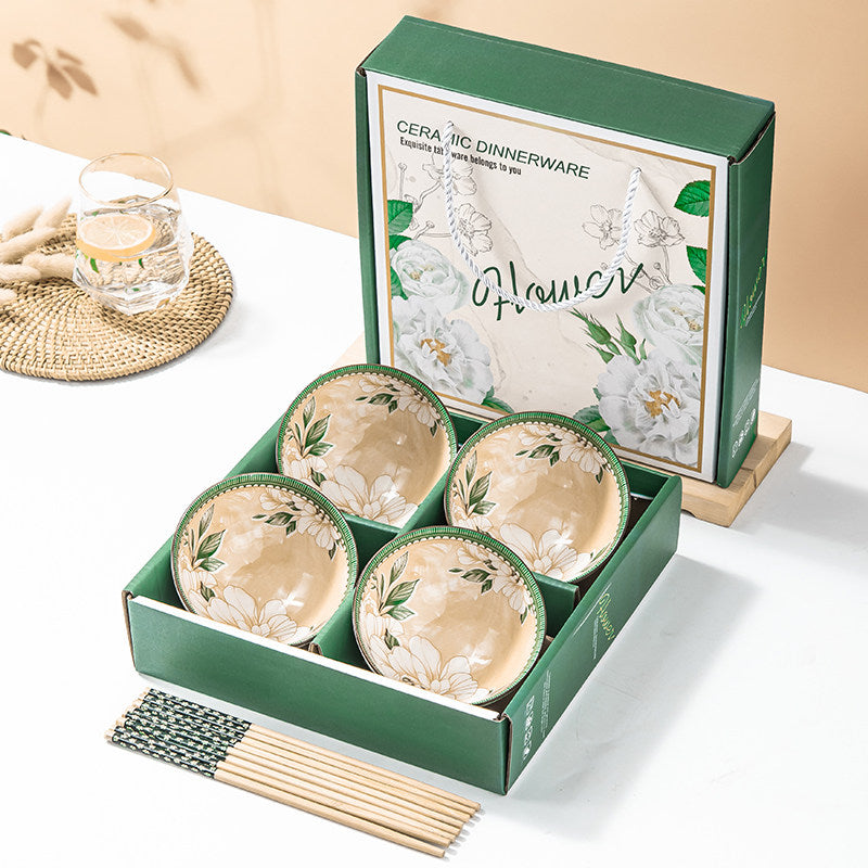 Camellia Ceramic Bowl and Chopsticks Gift Set