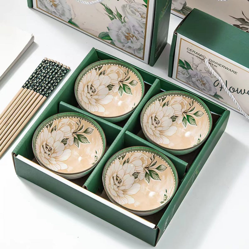 Camellia Ceramic Bowl and Chopsticks Gift Set