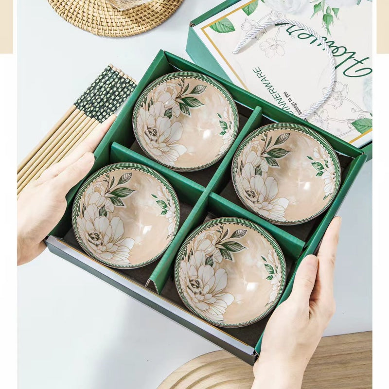 Camellia Ceramic Bowl and Chopsticks Gift Set