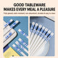 White tableware chopsticks with blue floral patterns, shown in two styled flat-lay views on a beige background with promotional text above.