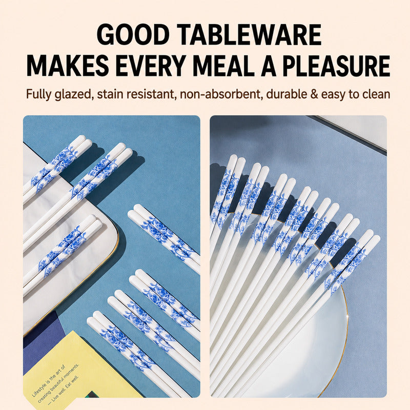 White tableware chopsticks with blue floral patterns, shown in two styled flat-lay views on a beige background with promotional text above.