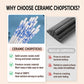 Promotional infographic comparing ceramic chopsticks with regular chopsticks. The left panel shows white ceramic chopsticks with blue floral patterns and text highlighting mold resistance, warping resistance, and heat resistance.