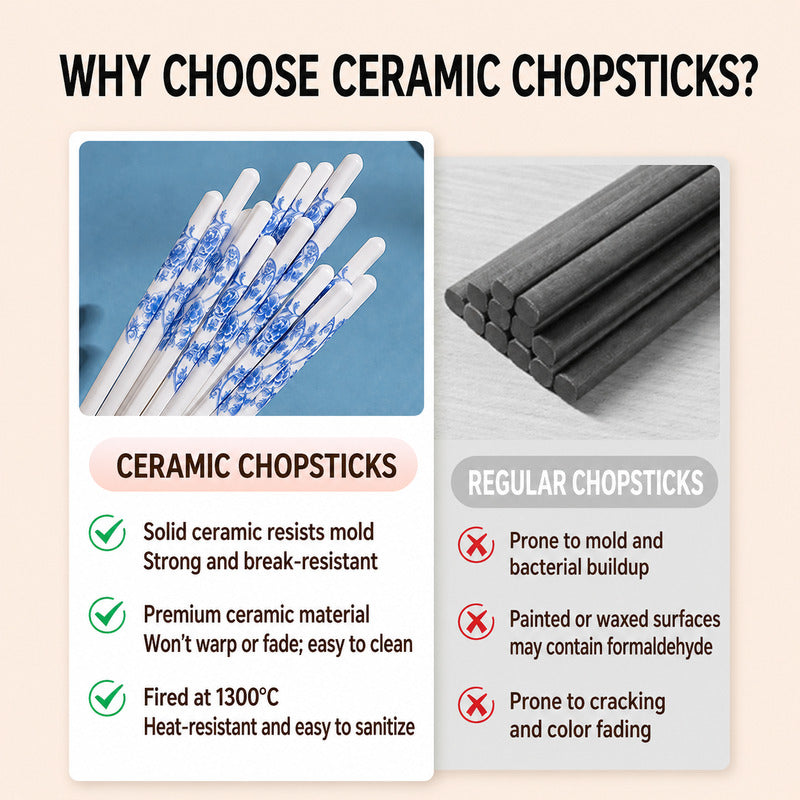 Promotional infographic comparing ceramic chopsticks with regular chopsticks. The left panel shows white ceramic chopsticks with blue floral patterns and text highlighting mold resistance, warping resistance, and heat resistance.