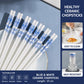 Blue and white ceramic chopsticks arranged on a plate, with promotional text and small inset images showing them suitable for microwave, dishwasher, sterilizer, and oven, plus claims like healthy ceramic chopsticks and easy to clean.