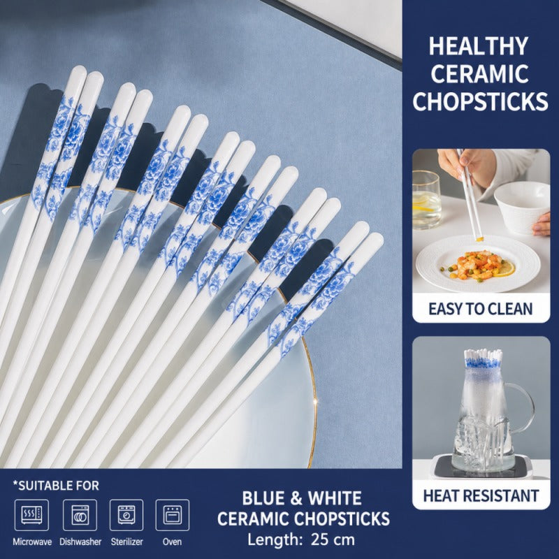 Blue and white ceramic chopsticks arranged on a plate, with promotional text and small inset images showing them suitable for microwave, dishwasher, sterilizer, and oven, plus claims like healthy ceramic chopsticks and easy to clean.