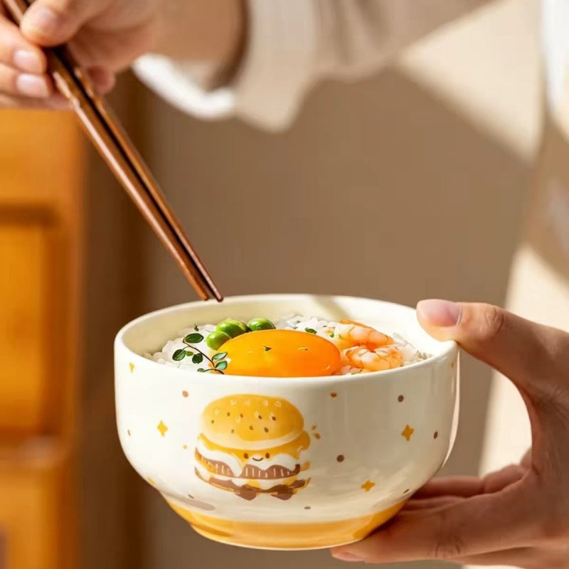 Cute Ceramic Rice Bowl Set with Food Designs – Microwave & Dishwasher Safe