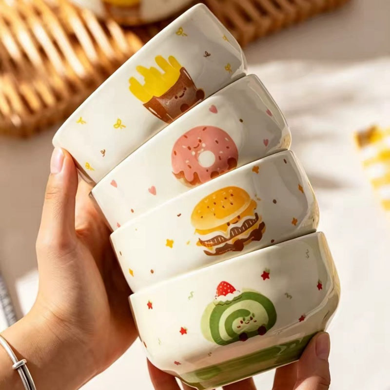 Cute Ceramic Rice Bowl Set with Food Designs – Microwave & Dishwasher Safe