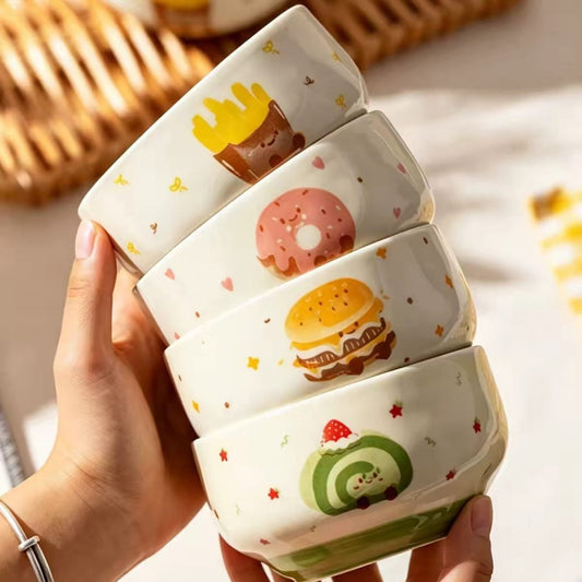 Cute Ceramic Rice Bowl Set with Food Designs – Microwave & Dishwasher Safe
