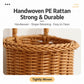 A handwoven PE rattan basket with a tightly woven texture, shown in a close-up product graphic with text highlighting its strength and durability.
