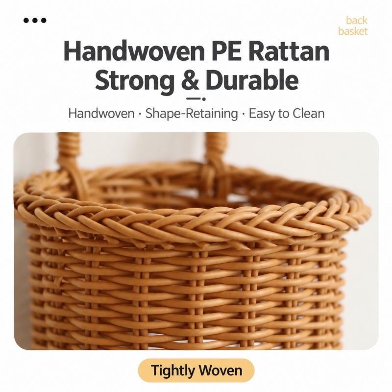 A handwoven PE rattan basket with a tightly woven texture, shown in a close-up product graphic with text highlighting its strength and durability.