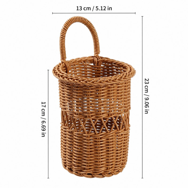 A brown woven wicker basket with a single loop handle, shown with dimension lines and text indicating a height of 17 cm (6.69 in) and a width/depth of 13 cm (5.