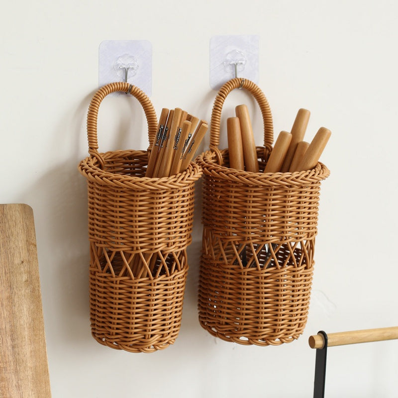 Handwoven PE Rattan-Look Wall-Mounted Chopstick Holder Basket