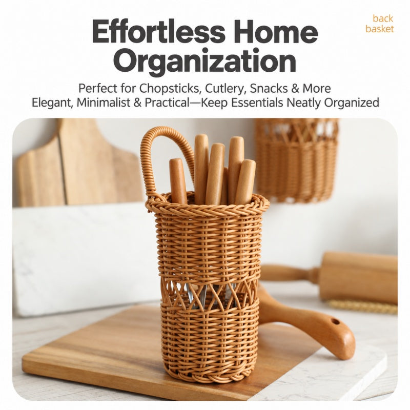 A woven wicker basket utensil holder with a handle, shown holding wooden chopsticks and utensils on a wooden cutting board in a bright kitchen setting. Text at the top reads 'Effortless Home Organization' with supporting copy.