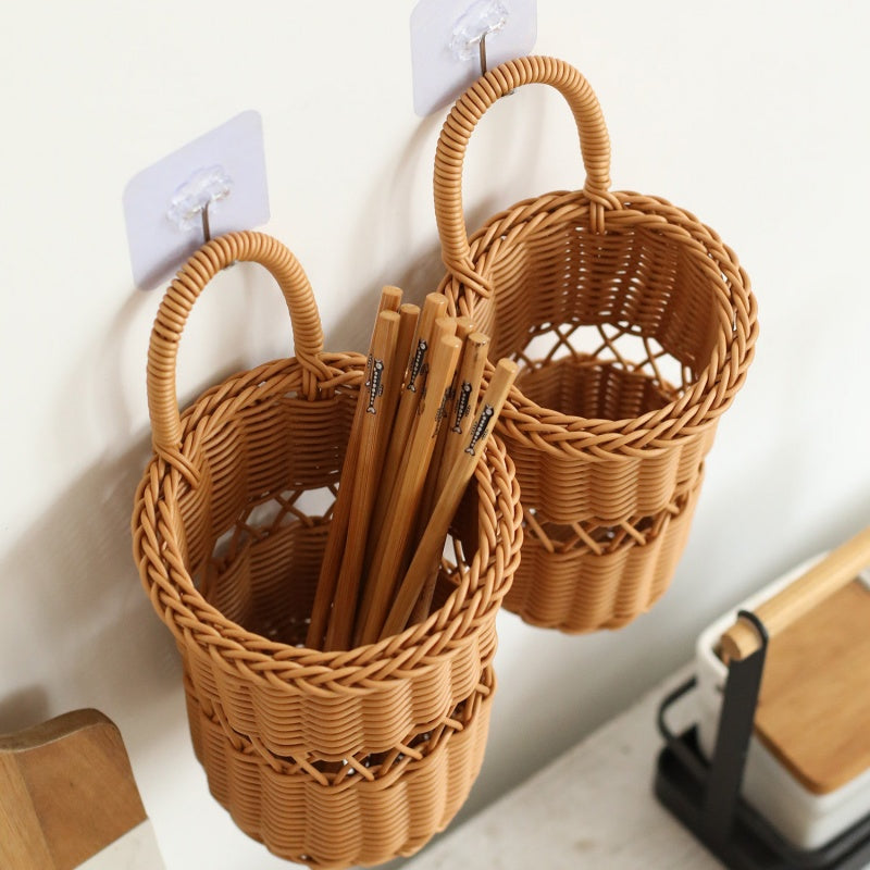 Handwoven PE Rattan-Look Wall-Mounted Chopstick Holder Basket