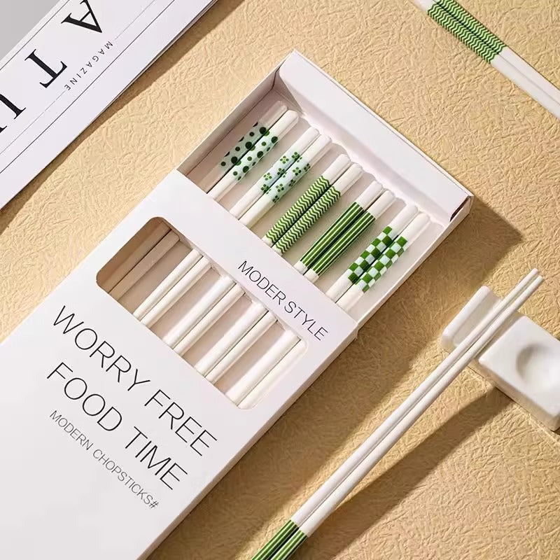 High-End Green Wavy Ceramic Chopsticks Japanese Style Gift 5 Pairs Sets