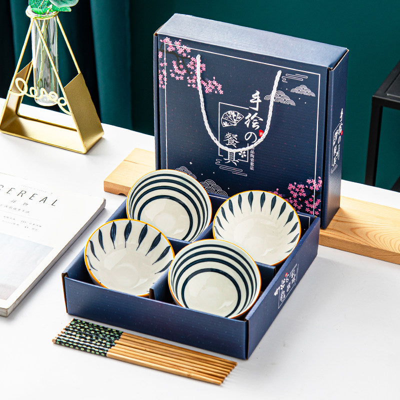 Indigo Stripes Bowl and Chopsticks Gift Set