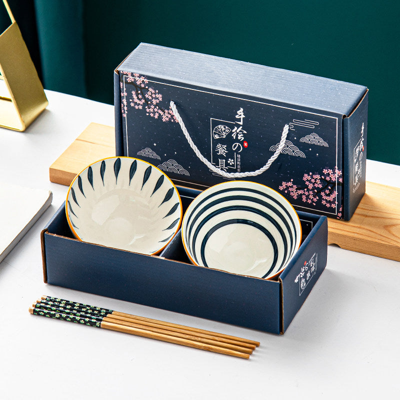 Indigo Stripes Bowl and Chopsticks Gift Set