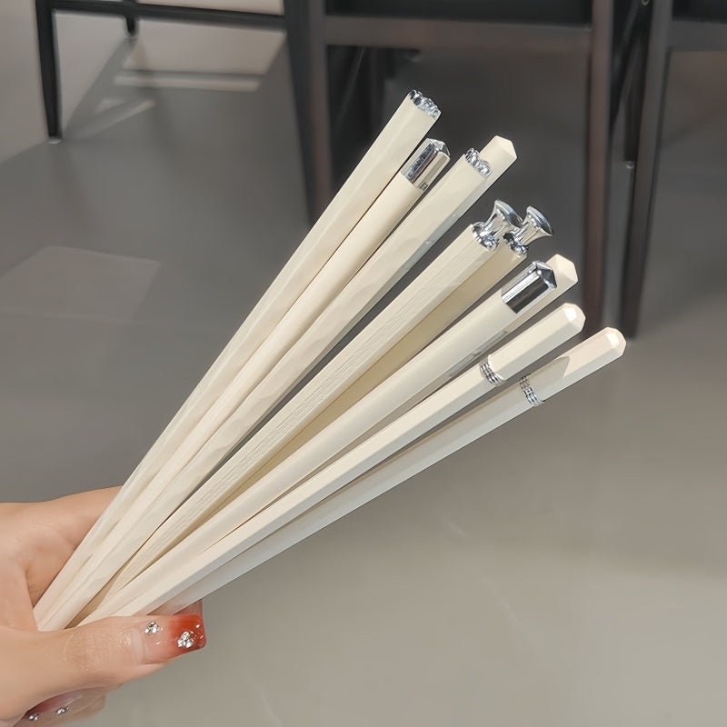 Ivory White Reusable Fiberglass Chopsticks Set – 5 Pairs with Silver Accents