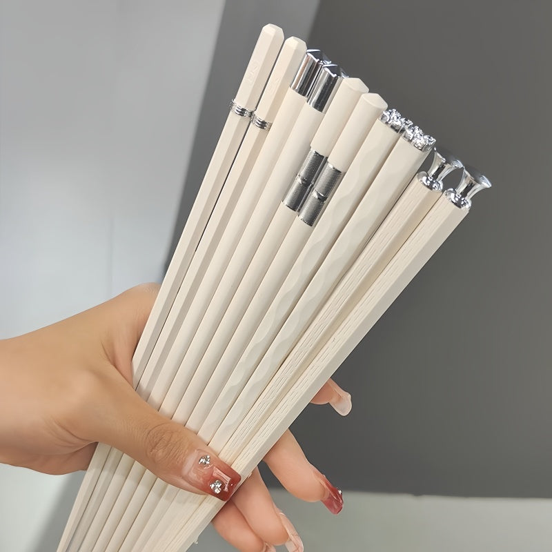 Ivory White Reusable Fiberglass Chopsticks Set – 5 Pairs with Silver Accents