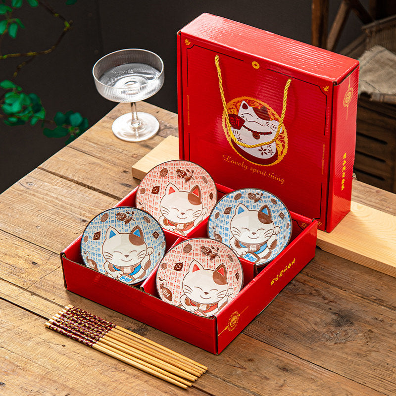 Lucky Cat Bowl and Chopsticks Gift Set