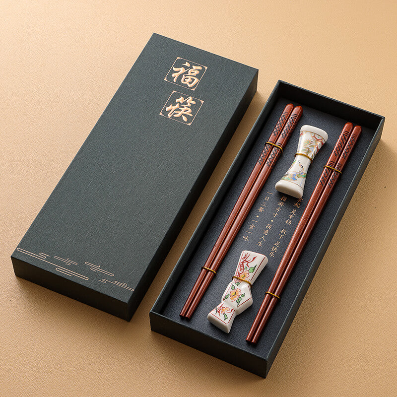 Premium Wooden Chopstick and Chopstick Rest Chinese Style Gift 2 Pairs Sets